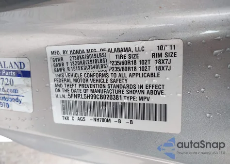 2012 Honda Odyssey Touring/Touring Elite z USA, uszkodzony, nr VIN 5FNRL5H99CB020381